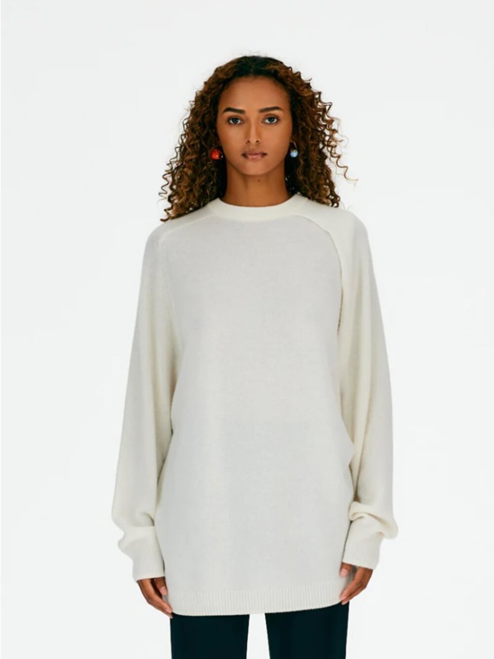 Tibi Cashmere Cutout Sleeve Tunic Pullover Sweater, Cream, Size L. GUC.